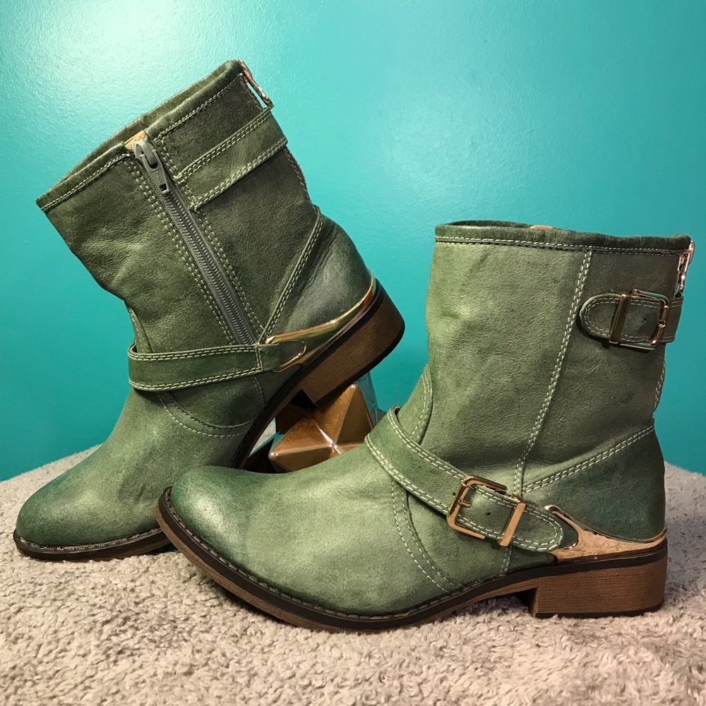 Green Moto Style Buckle Ankle Boots